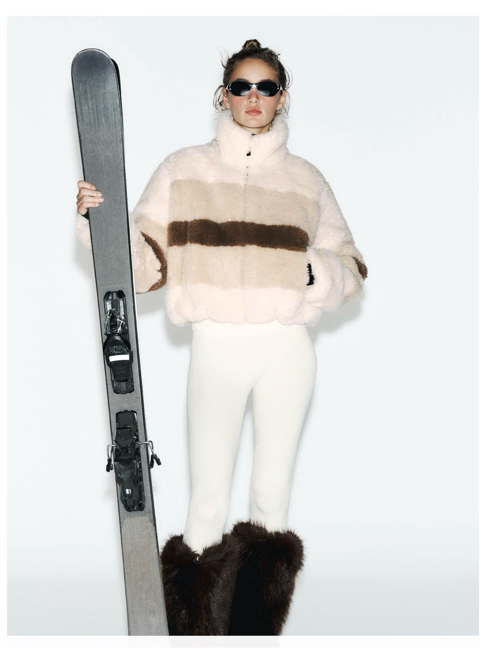Zara Cream and Brown Striped Plush Zip-Up Sweater